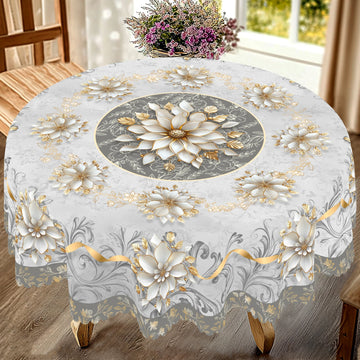 1 Piece of Elegant White and Gold Floral Tablecloth + 4 Self-Adhesive, Retro Silver Gray Luxury Style, Round and Rectangular 3D Printed Tablecloth, Embossed Edge, Durable Woven Polyester Fabric, Suitable for Home Kitchen, Out