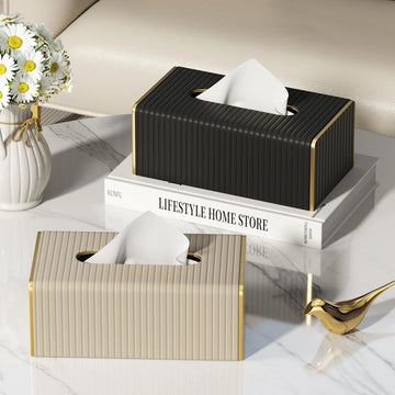 Tissue Box Cover,White Rectangle Leather Tissue Box Holder with Gold-Tone Edging Decoration,Decorative Tissue Cover for Bathroom