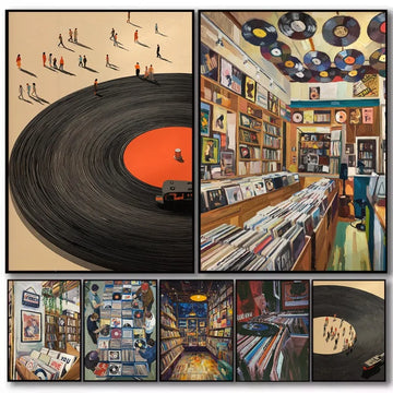 Retro Vinyl Record Store Minimalist Tiny Figure Chic Music Illustration Poster Wall Art Pictures Canvas Painting Home Decor