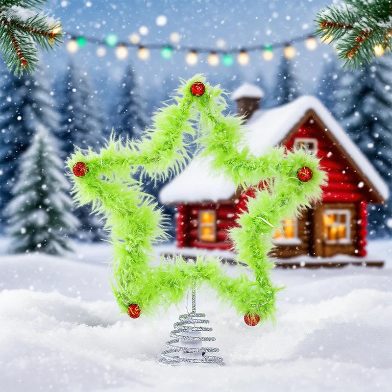 1pc Christmas Fuzzy Grinch Star Tree Topper Holiday Festive Creative Grinch Decoration Christmas Party Home Decor Ornament