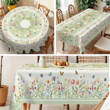 1 Piece, Light Green Small Fresh Style Flower Tablecloth + 4 Pieces Self-Adhesive, Flower Butterfly Print, Round and Rectangular Tablecloth, Embossed Edge, Suitable for Home Kitchen Decoration, Room Decoration, Party Tableclo