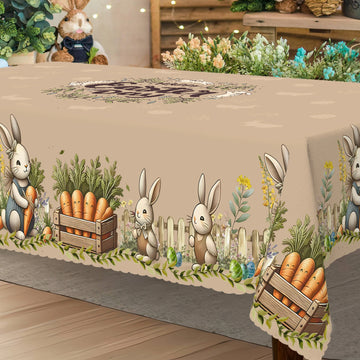 Easter Bunny and Egg Polyester Tablecloth - Round/Rectangular, Cute Rabbit and Colorful Egg Design with Floral Accents