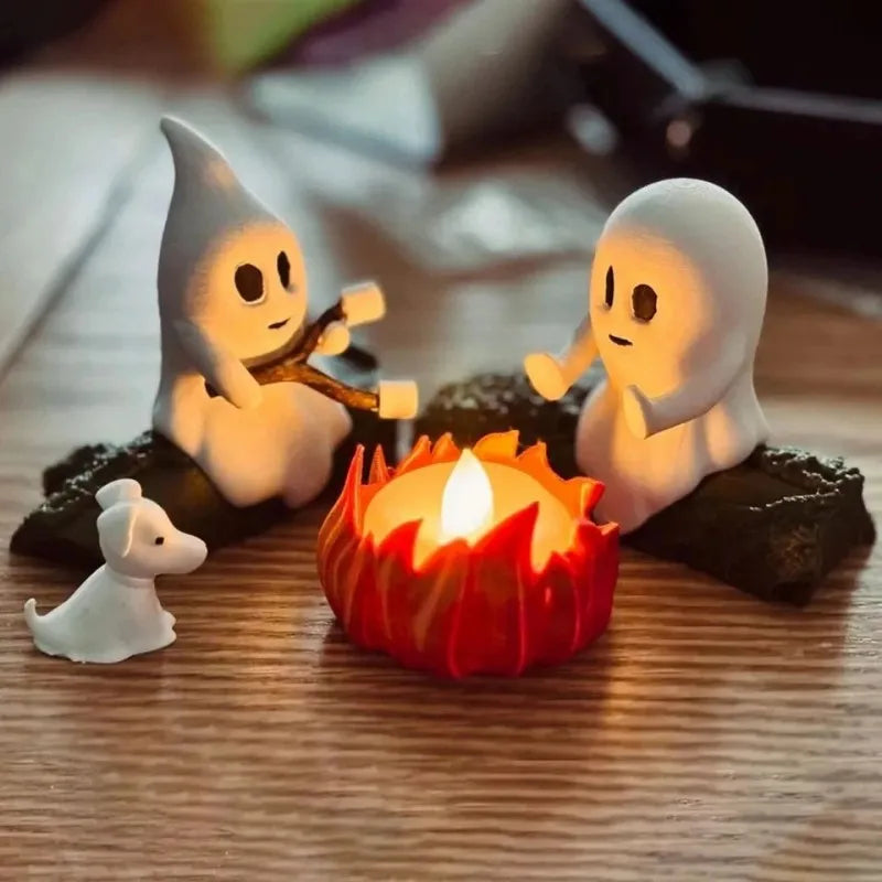 Cute Ghost Figurine Set Halloween Ghost Bonfire Party Resin Statue Ornaments Home Holiday Party Decoration