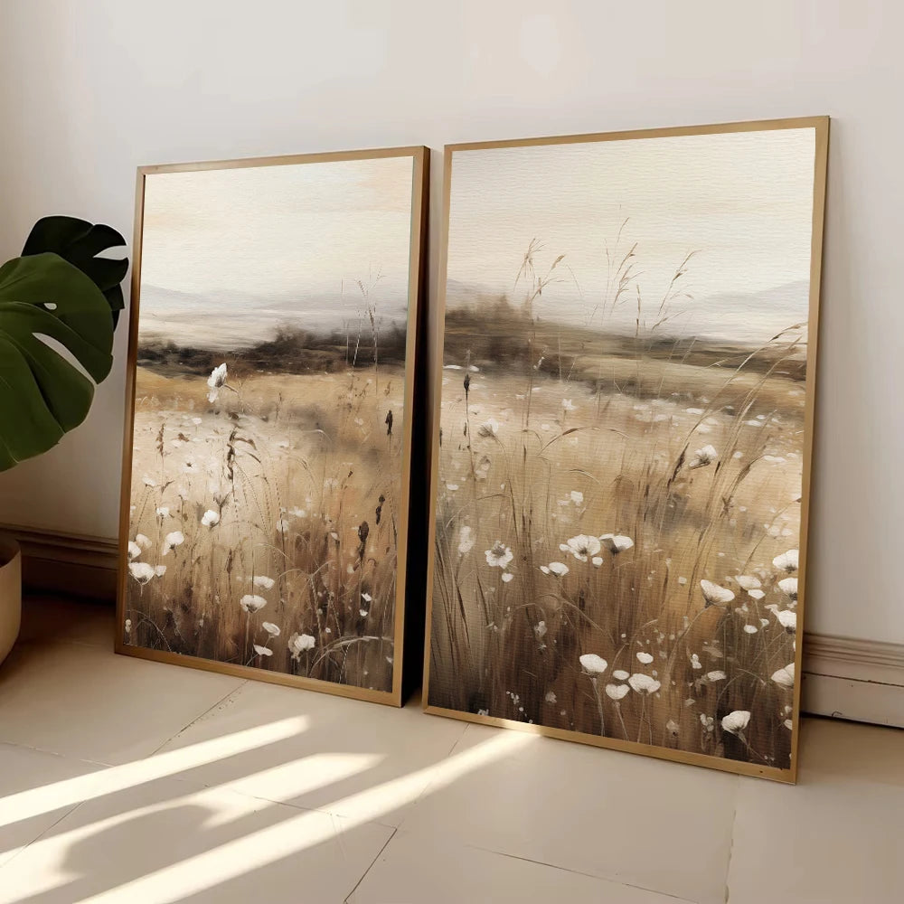 Wildflower Field Poster Landscape Sketch Neutral Forest Canvas Painting for Living Room Home Farmhouse Decoration Cuadros