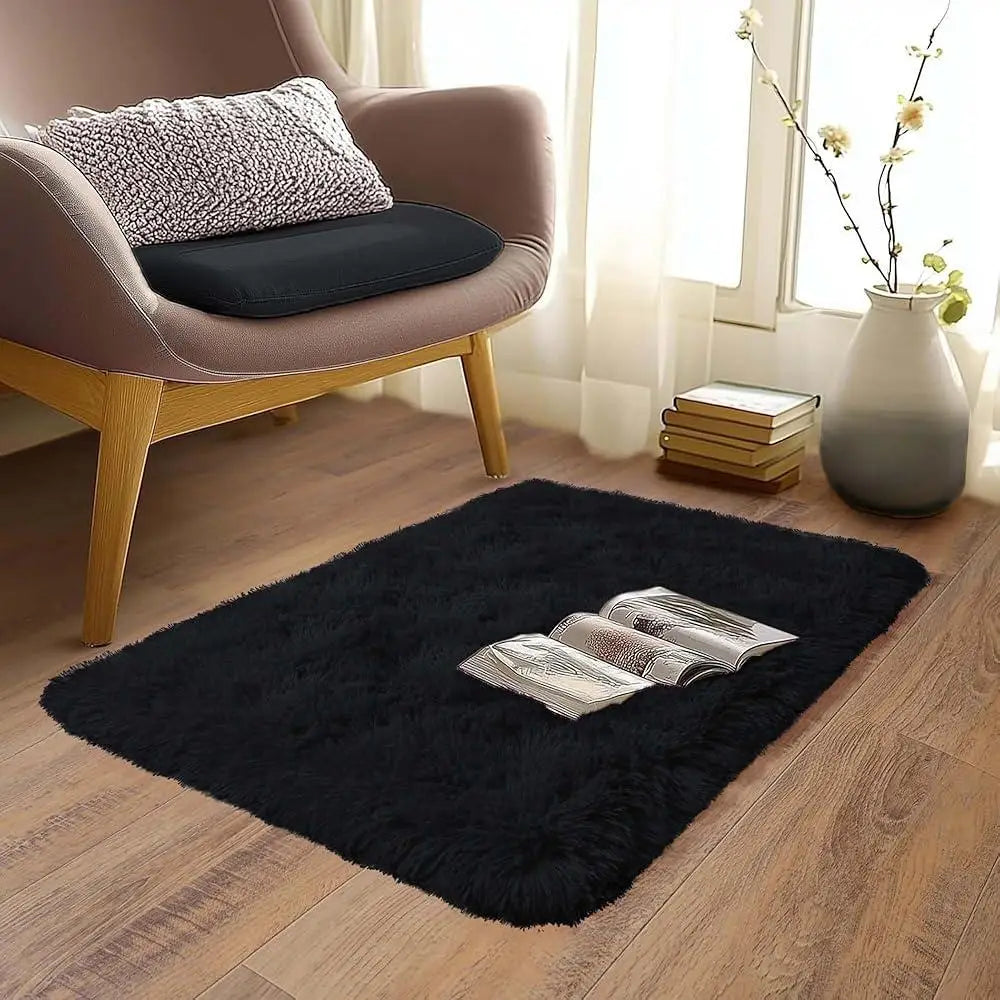 VIKAMA Small Black Area Rug - Soft Plush Children's Bedroom Bedside Rug, Indoor Entrance Welcome Mat, Home Decoration Accessory