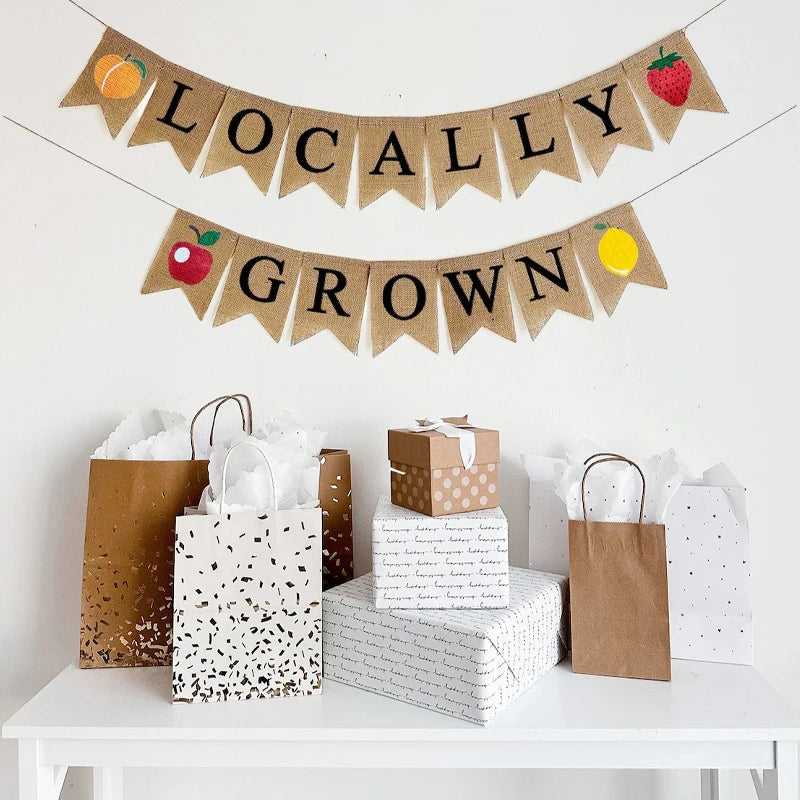 Locally Grown Burlap Banner Farmers Market Sign Organic Baby Shower Farm Fresh Decor Fruit Vegetable Stand Garden Party Decorate