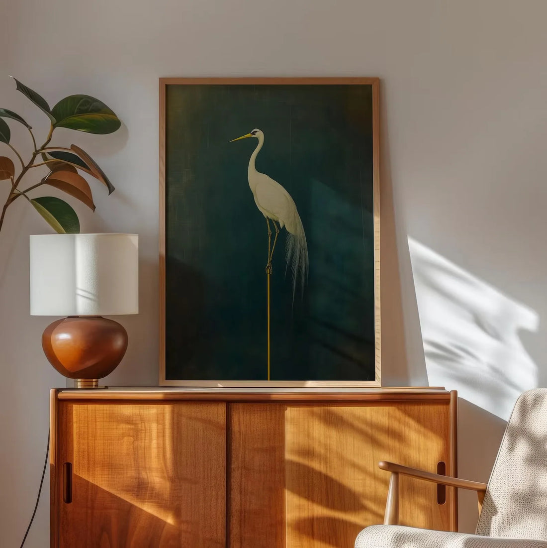 Retro Crane Japanese Style Canvas Print Green White Bird Gallery Wall Art Poster for Modern Living Room Dormitory Home Decor