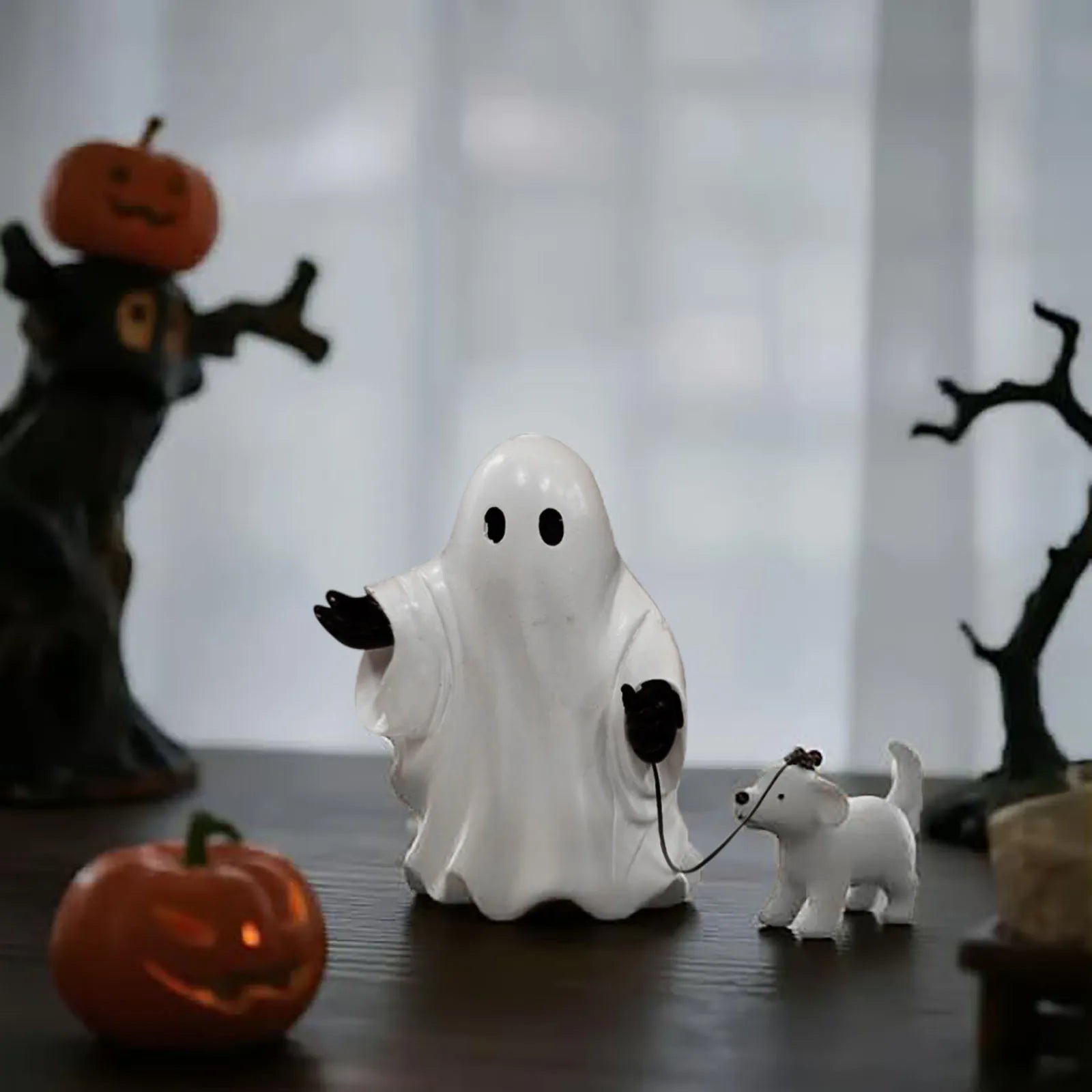 Ghosts And Puppy Candle Holder Halloween Statue Ghosts Walking Dog Statue For Shelf, Table Fun Home Decor