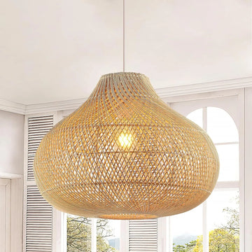40CM Rattan Pendant Light Rattan Boho Wicker Chandelier Hand-Woven Basket Pendant Light Fixtures for Dining Living Room