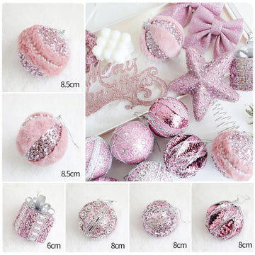 Pink Series Christmas Pendants Stars Beads Chain Foam Balls Nameplates Bows Mushrooms Christmas Tree Pendant Romantic Home Decor