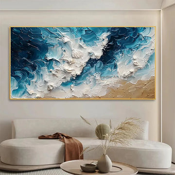 Dark Blue White Large Abstract Ocean Scape Canvas Artwork Hand Painted New Original Blue Grey White Waves Oil Painting Decor