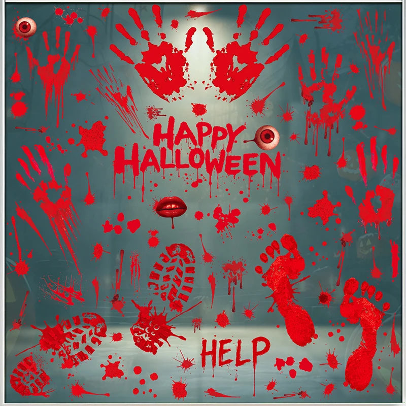 Halloween Bloody Footprints Window Sticker Horror Handprint Bloodstain Decals Decors Static Attraction Adhesive And Removable