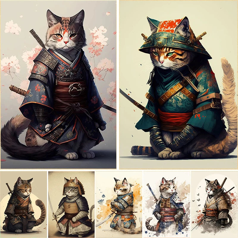 Japanese Cat Samurai Portrait Poster Print Canvas Painting Cute Animal Wall Art Picture For Living Room Home Decor Cuadros