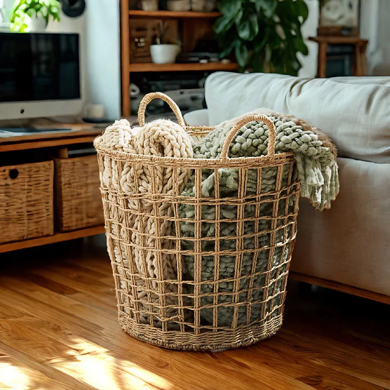 Handwoven Rattan Weaving Laundry Basket Basket with Handles Open Laundry Basket Boho Storage Blankets Towels Bathroom Organizers