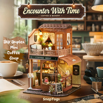 SnapTogs DIY Miniature Duplex café Wooden Building Blocks Kit House Roombox Book Nook Tiny Doll House Gift Gift Decor Music Box