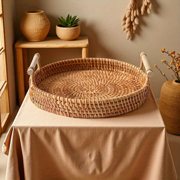 Handmade Rattan Round Tray with Double Handles -Perfect for Serving Tea, Fruits, Bread & Snacks,Ideal for Kitchen & Dining Decor