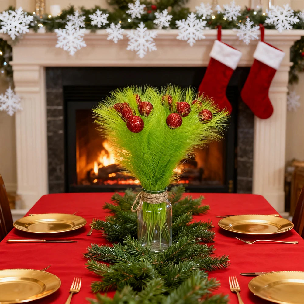 12PCS Christmas Picks Sprays Tree Topper Lime Green Curly with Red Ball Artificial Pampas Stems for Xmas Tree Crafts Home Decor