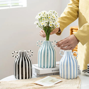 Fun Hand-painted Ceramic Flower Vase with Two Ears Creative Stripe Vase Flower Arrangement Decoration Table Ornaments Home Gifts