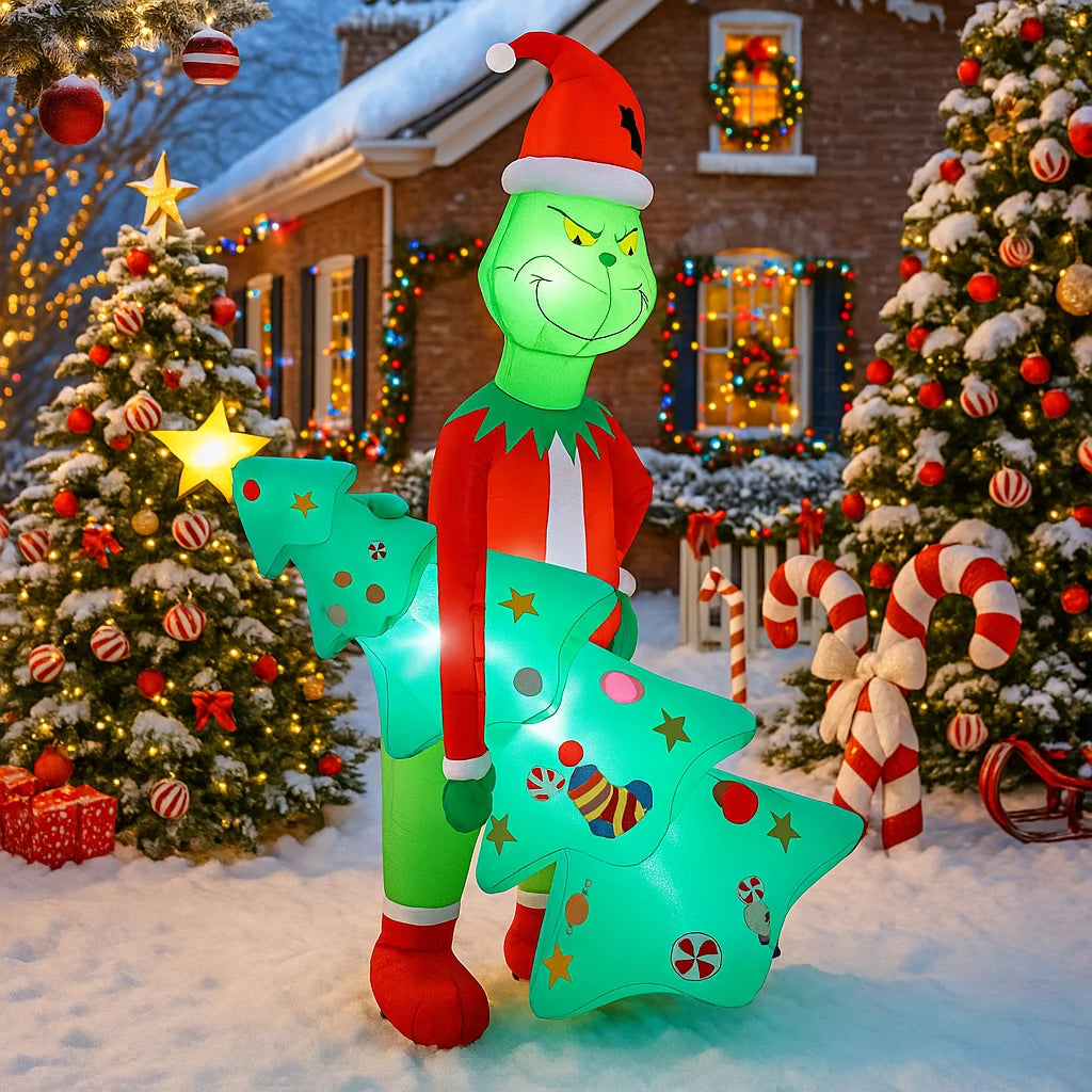 2.1M/6.8FT Inflatable Grinch Holding Christmas Trees Light LED home decorations Toy Yard Xmas Supplies Holiday Outdoor ornament