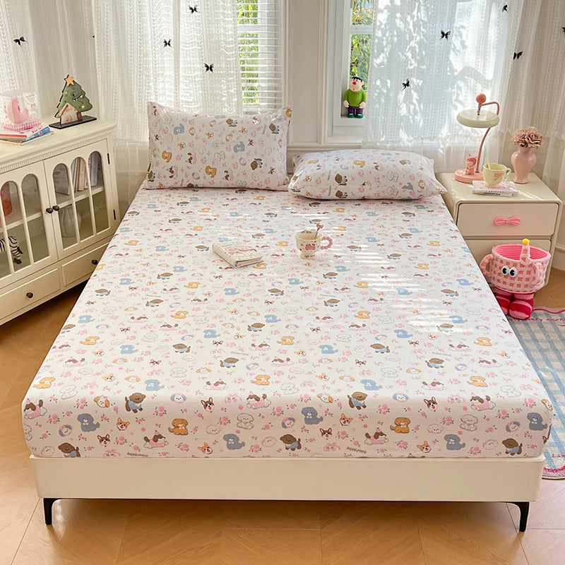 Washed Comfortable Fitted Sheet with Elastic Bands Non Slip Adjustable Mattress Cover Printed Cartoon for Double King Queen