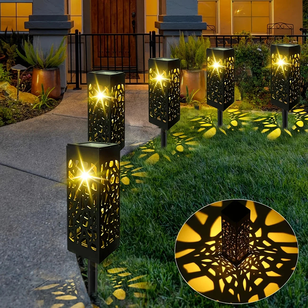 1-8PCS Outdoor Solar Lights Waterproof LED Hollow Pattern Garden Lamp Auto Sensor Pathway Lighting for Yard Patio Decoration