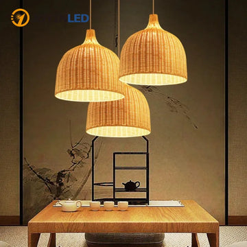 JOYINLED Japanese Style Hand Woven Bamboo Art LED Pendent Lamp Retro Restaurant Study Hallway Rural Decoration Lighting Fixtures