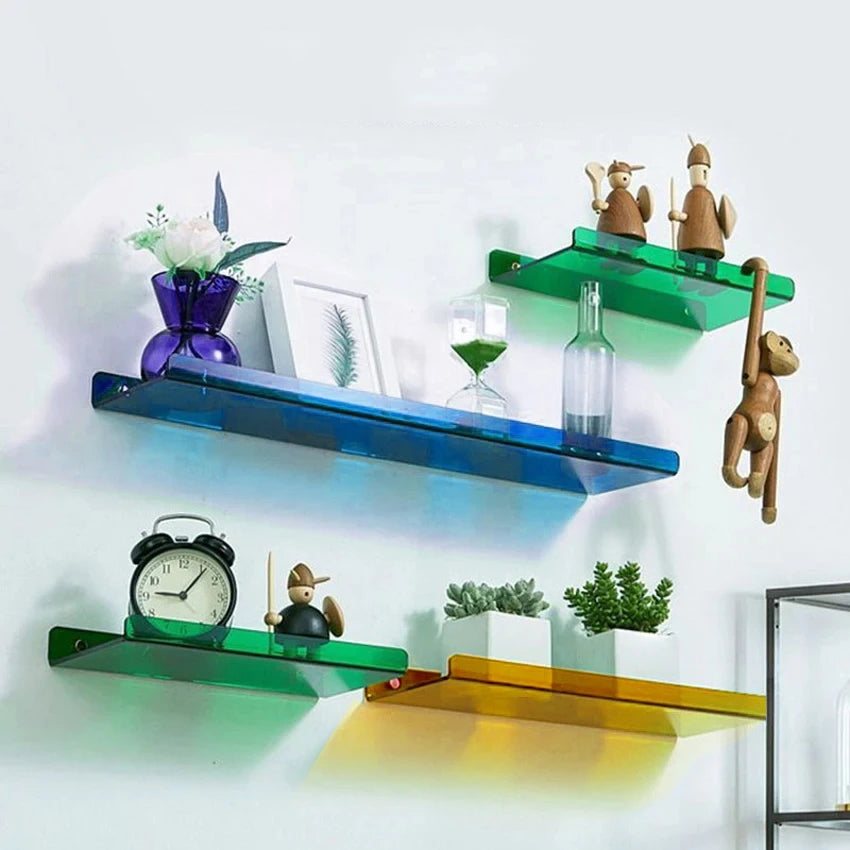 Colourful Acrylic Wall-Mounted Shelves, Floating Hole-Free Bookshelf, Ornaments Display Stand,for Living Room, Kitchen, Bathroom