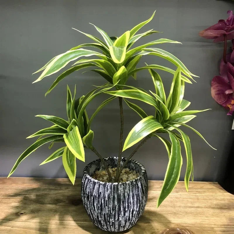 36cm 3-Heads Artificial Palm Tree Plastic Bamboo Branch Tropical Potted Plants Fake Grass For Home Desktop Plant Wall Decor
