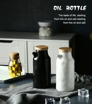Wooden Cover Ceramic Oil Pot Household Leak-proof Oil & Vinegar Pots Porcelain Kitchen Soy Sauce Pot Oil Tank Seasoning Bottle