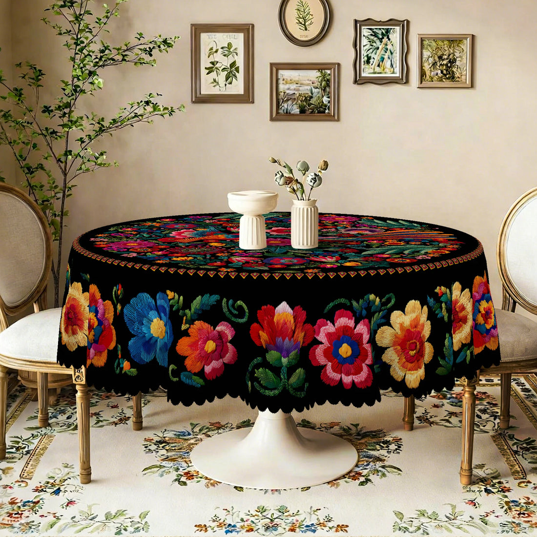 Exotic Ethnic Style Tablecloth, Vintage Mexican Style, Bright and Vibrant Colors, Bright Floral Patterns, Cute Bird Prints, Classic Imitation Embroidery Patterns, Embossed Edges, Waterproof, Wrinkle-Resistant, Fade-Resistant,