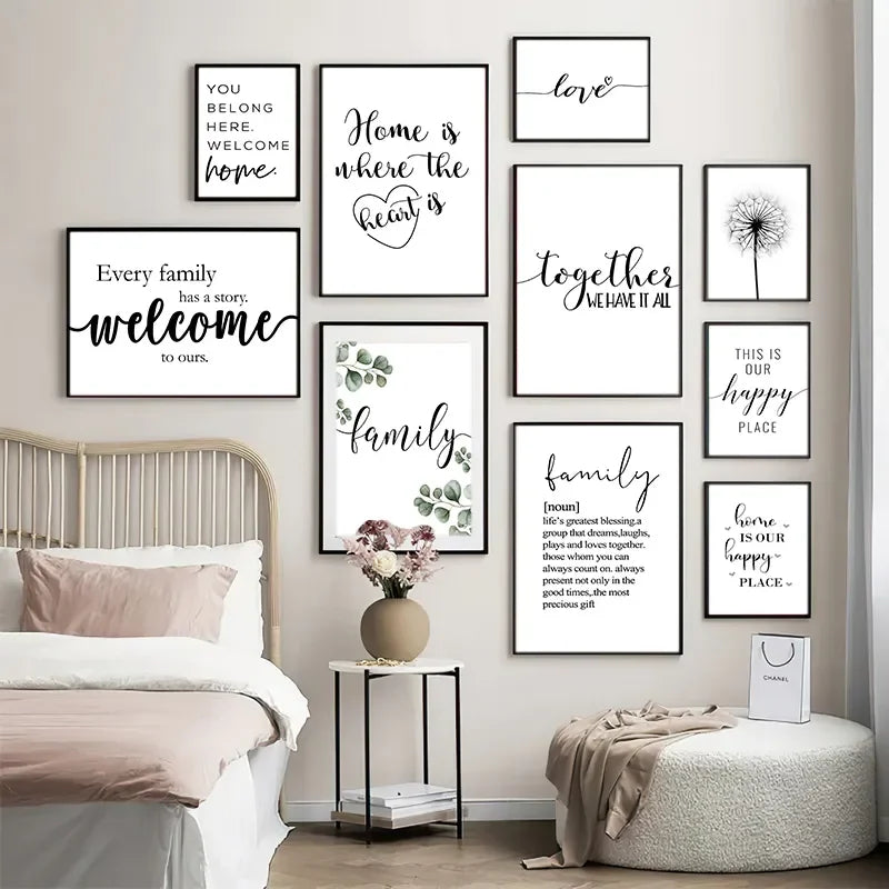 Happy Family Quote Wall Art Black White Poster Love Heart Print Nordic Canvas Painting Minimalist Picture Living Bedroom Decor