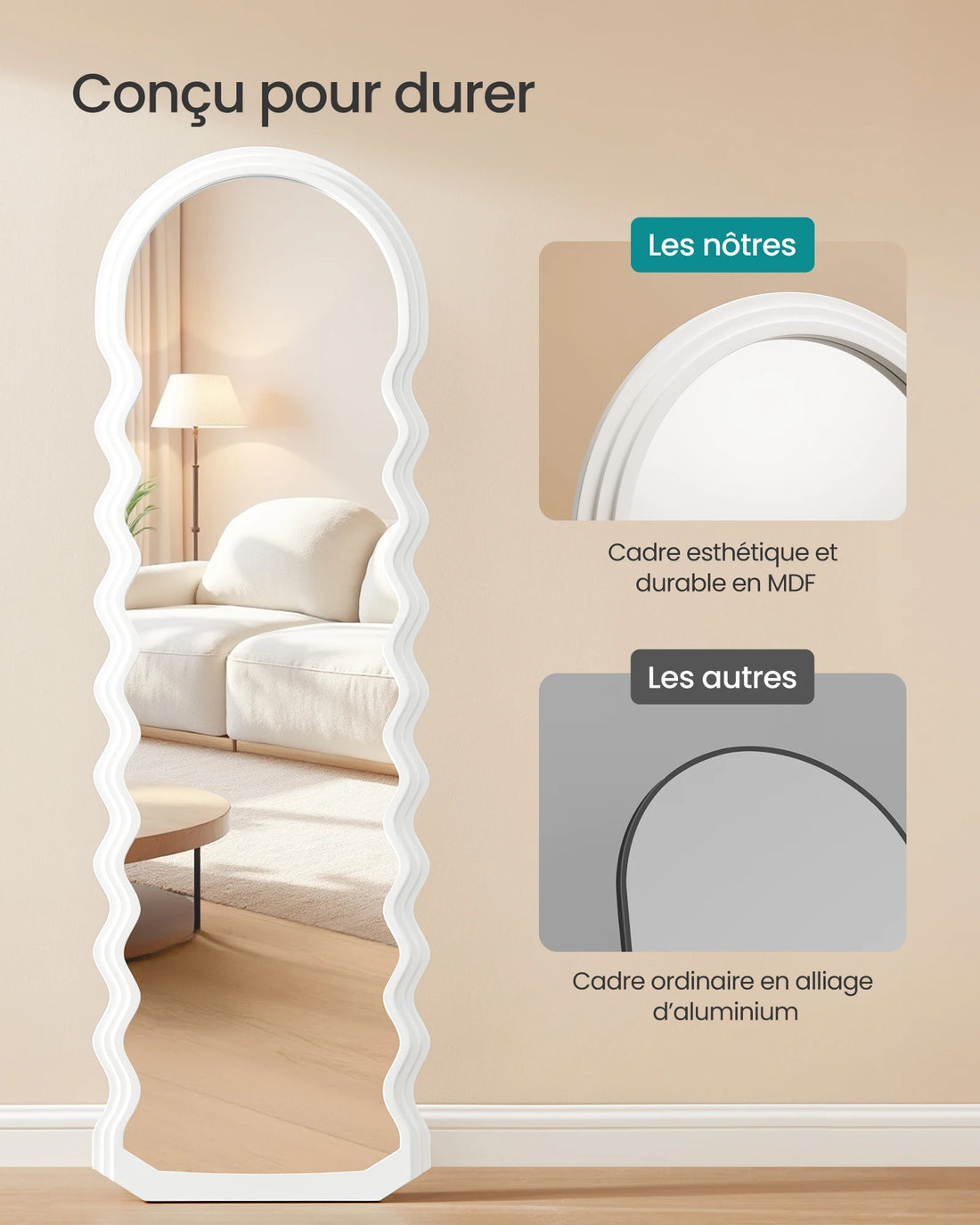 SONGMICS Full Length Mirror, 160 x 50 cm, Irregular Wavy Full Length Standing Mirror with Stand, MDF Frame, for Bedroom