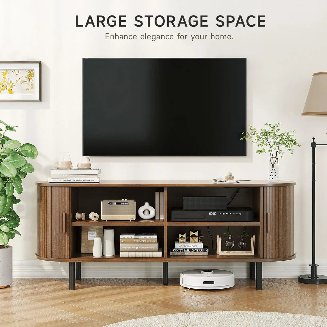 TV Stand Living Room Furniture with Power Outlet for TVs up to 60/70",TV Table with Sliding Doors Storage Adjustable Shelves