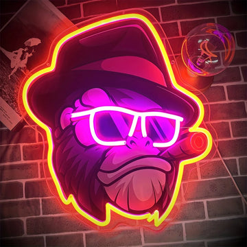Funky Monkey with Hat Glasses Cigar Neon Sign Purple and Yellow LED Wall Art for Bar Gaming Room Man Cave Artistic Lighting Gift