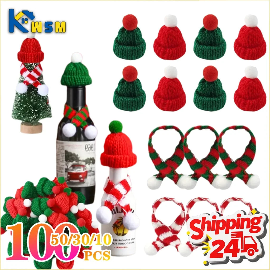 Mini Christmas Hats and Scarves Red Green Knit Yarn Pom Pom Ornaments Holiday Party Favors Tree Hanging Decor Accessories