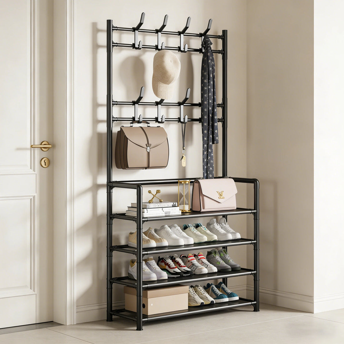 Multi-Layer Doorway Shoe Rack DIY Floor-Standing Living Room Organizer with Hat And Shoes Shelf Simple Clothes Hanger Storage