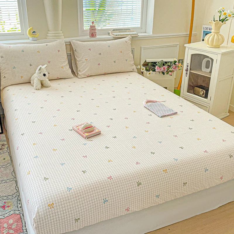 100% Cotton Fitted Sheet Pillowcase 25cm Deep Pocket Wrinkle Fade Resistant Easy Care Bed Cover Breathable Mattress Cover