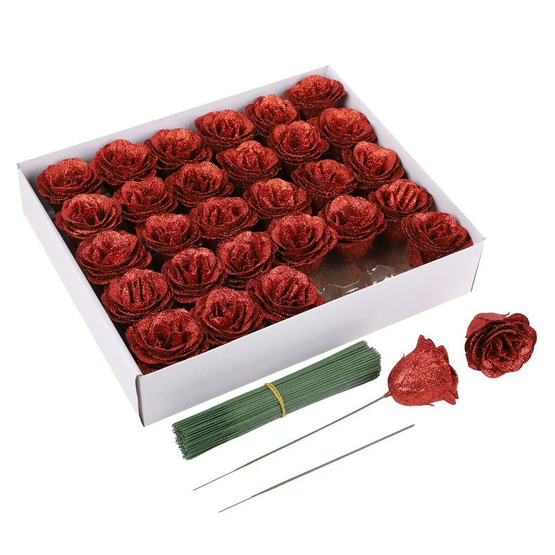 10/30Pcs Glitter Roses flower DIY Fake Flowers Bouquet Birthday Gifts for Women Mom Red Rose for Valentines Mothers Day Decor