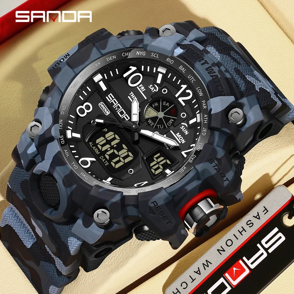 SANDA 3358 Camouflage LED Digital Watch Outdoor Electron Male Wristwatch Display Quartz Men Clock Sports Military Mens Watch