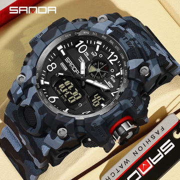 SANDA 3358 Camouflage LED Digital Watch Outdoor Electron Male Wristwatch Display Quartz Men Clock Sports Military Mens Watch