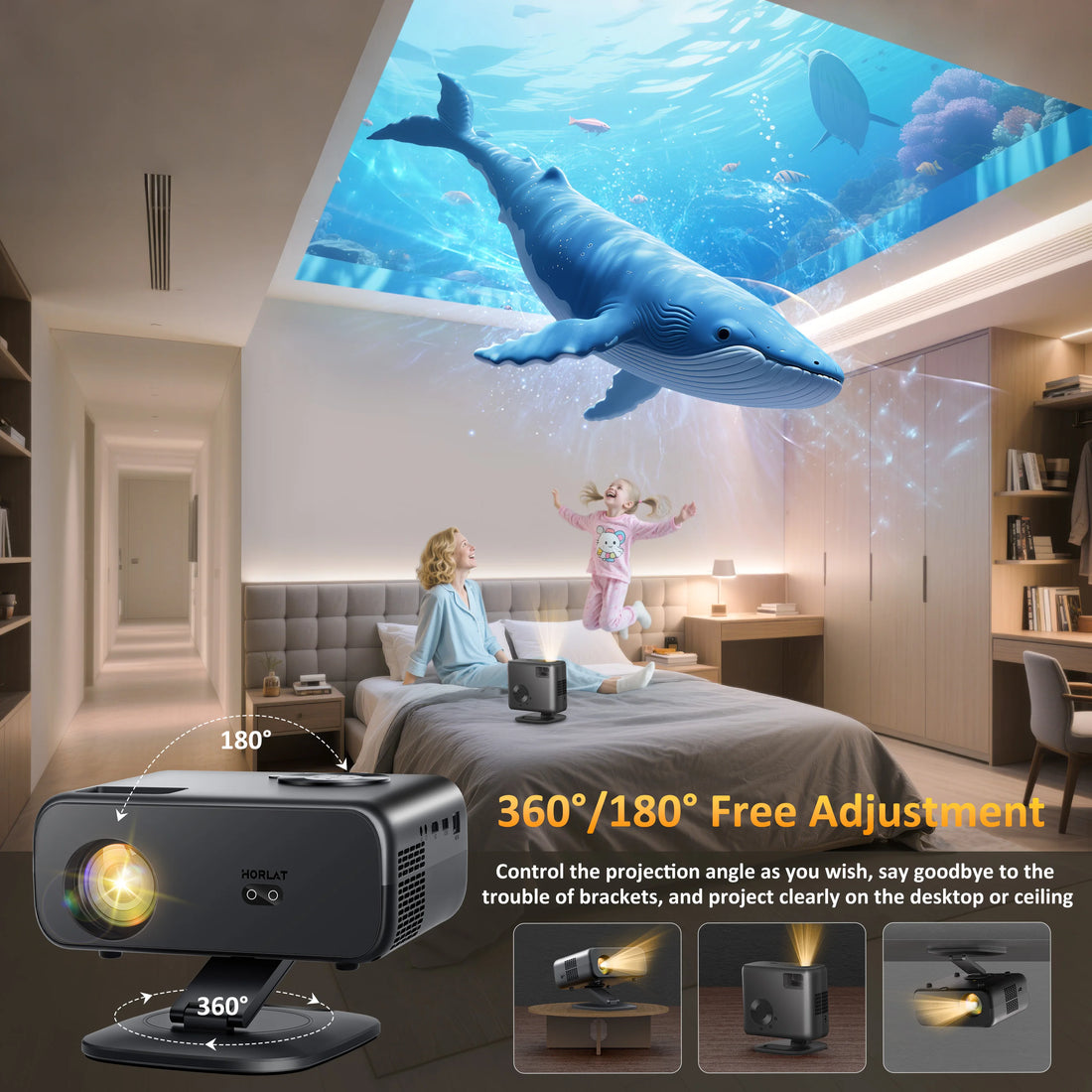HORLAT Portable Proyector M4 800Ansi Lumens Android12 Mini Projector 4K Decode Auto Keystone Full HD 1080P 3D Home Theater WiFi6