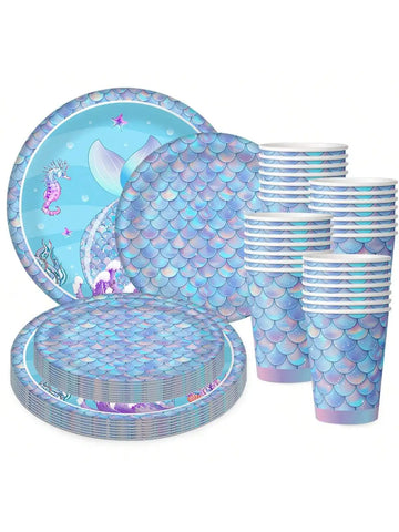 Mermaid Party Disposable Tableware Little Mermaid Tail Paper Plates Napkin Tablecloth Girls Birthday Party Under Sea Theme Decor