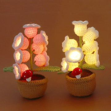 Crochet Bell Orchid with Potted  Knitted Flowers with Light Handmade Artificial Flower Desktop Bookshef  Easter Decoration 2025