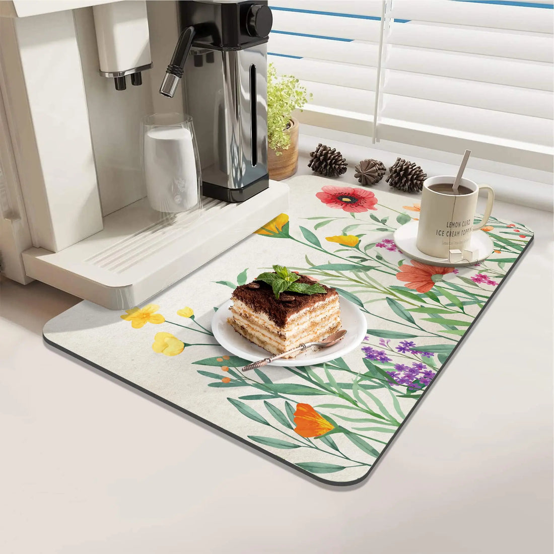 Spring Floral Dish Drainer Rack Mat Dish Drying Mat Kitchen Counter Absorbent Coffee Bar Mat Coffee Maker Dining Room Decoration