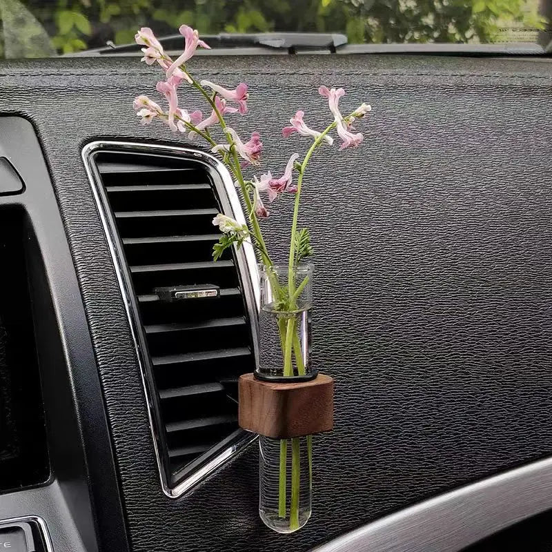 Stable Mini Car Flower Vase Clip Elegant Adjustable Car Vent Flower Vase Walnut and Glass Creative Car Vent Decor Dashboard