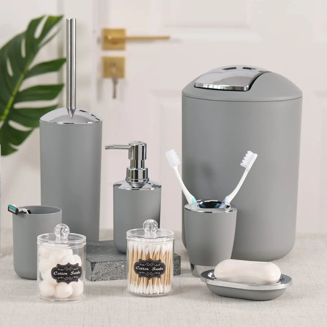 Bathroom Accessories, 8 Piece Bathroom Accessories Set with Trash Can, Toothbrush Holder and Cup, Soap Dispenser and Dish