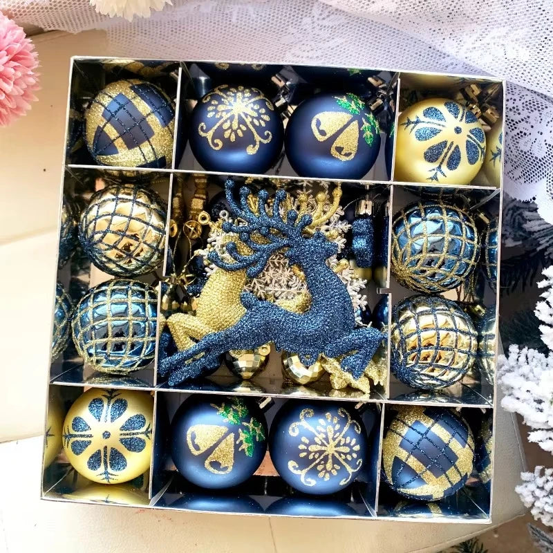 45PCS Christmas Ball Set Christmas Tree Hanging Ornaments Luxury Xmas Balls with Snowflakes and Reindeer Home Party Decoration