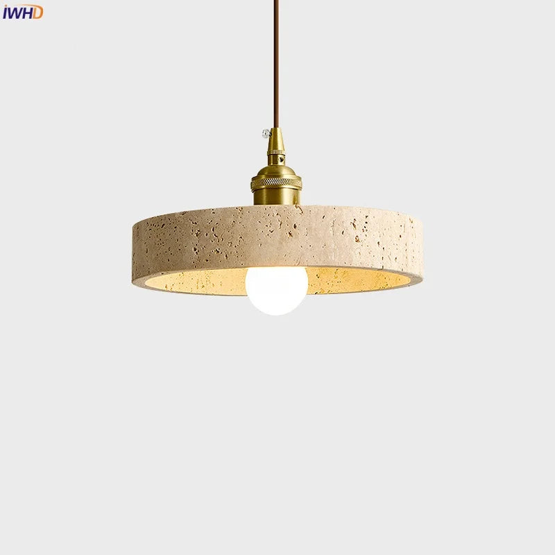 IWHD Japanese Vintage LED Hanging Lamps Yellow Travertine Bedroom Dining Room Table Lighting Interior Pendant Light Hanglampen
