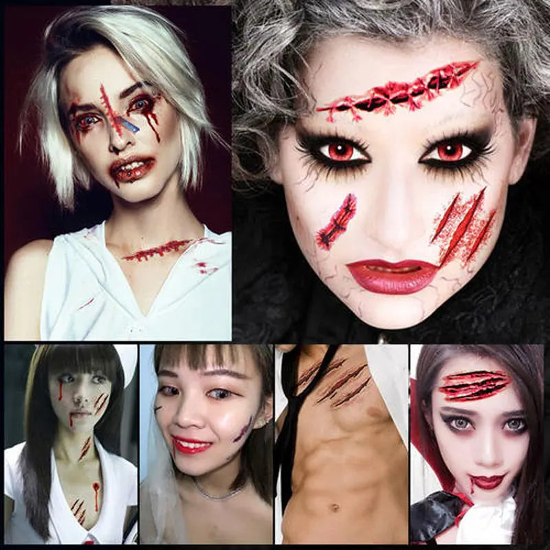 Halloween Scary Tattoo Sticker Makeup Decor Temporary Waterproof Stitched Bloody Wound Horror 3D Stickers Party DIY Decoration
