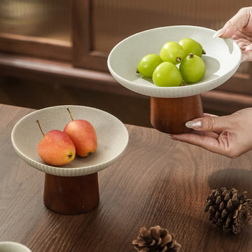 Coarse Pottery Ceramic Dim Sum Plate with Wooden High Foot Household Kitchen Zen Style High Foot Dim Sum Plate Snack Plate Trays